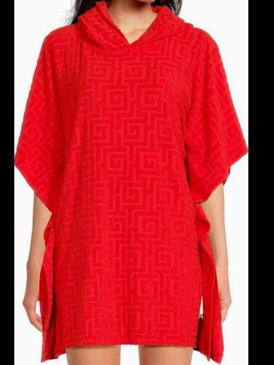 Gianni Bini Dresses & Skirts - NWT Gianni Bini Fire Red Embossed Geometric Plush Hooded Poncho Cape Medium